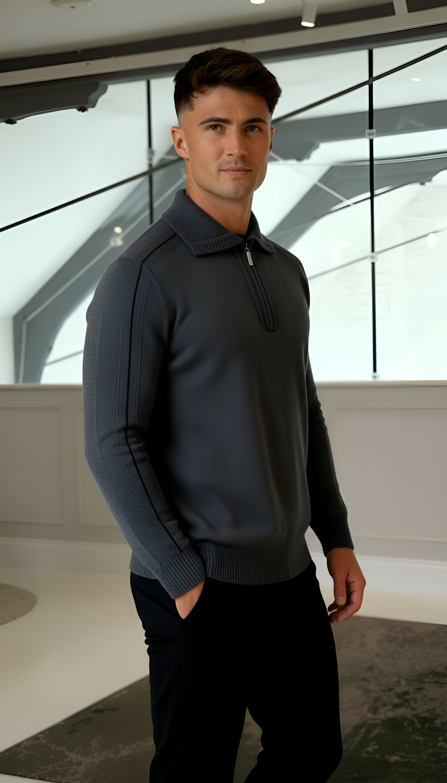 Elliot - Long sleeve knitted zip neck polo shirt