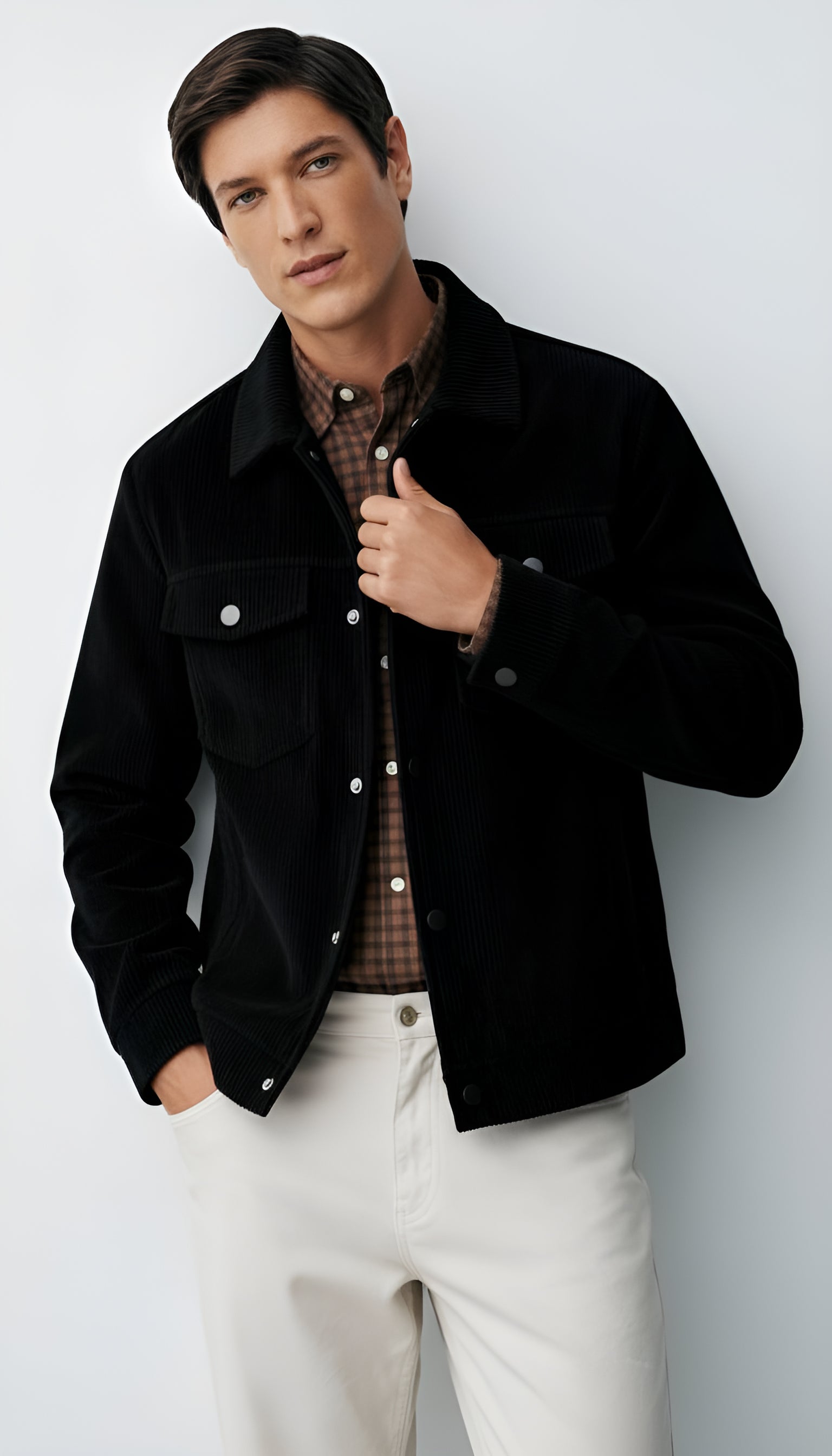 Giacca da uomo con colletto a camicia e tasche sul petto, con bottoni - Sovracamicia leggera e casual