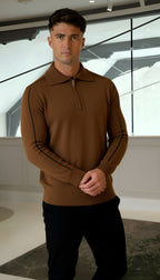 Elliot - Long sleeve knitted zip neck polo shirt