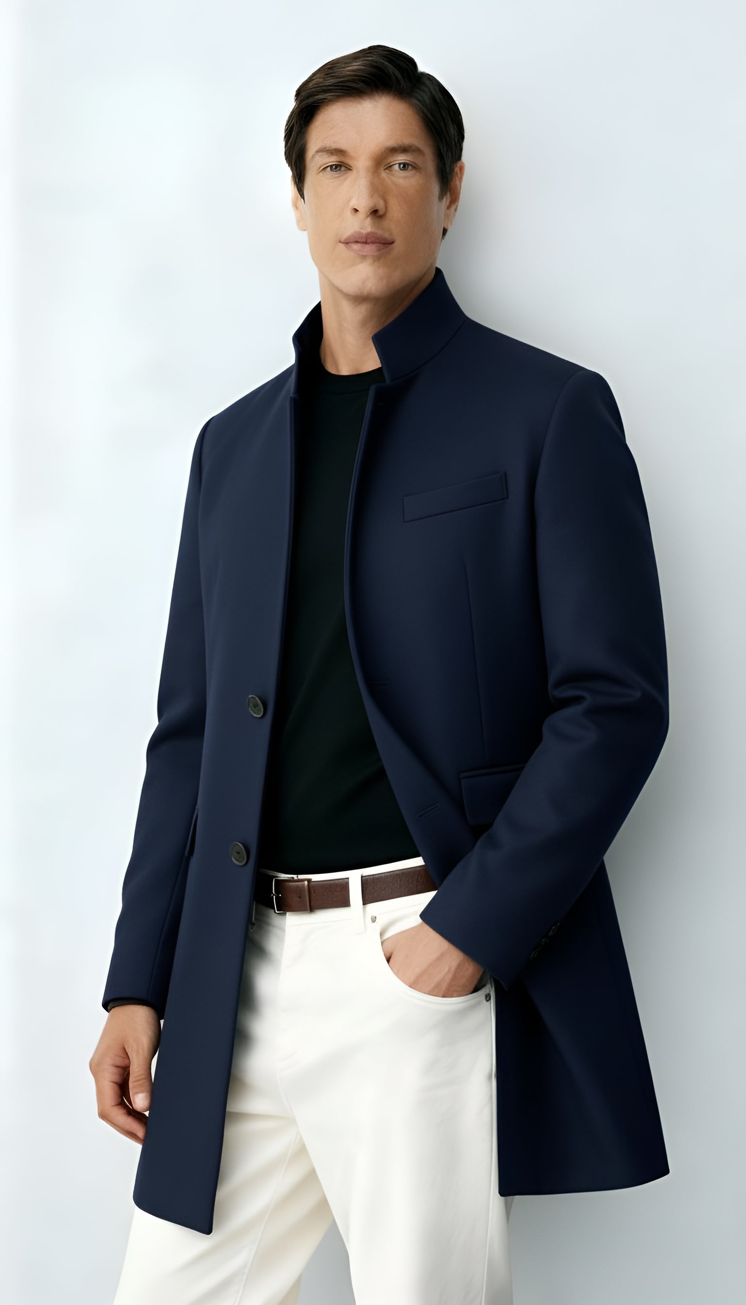 Cappotto da uomo in misto lana - Elegante cappotto lungo con risvolto a tacche e chiusura a bottoni per abbigliamento formale e casual.