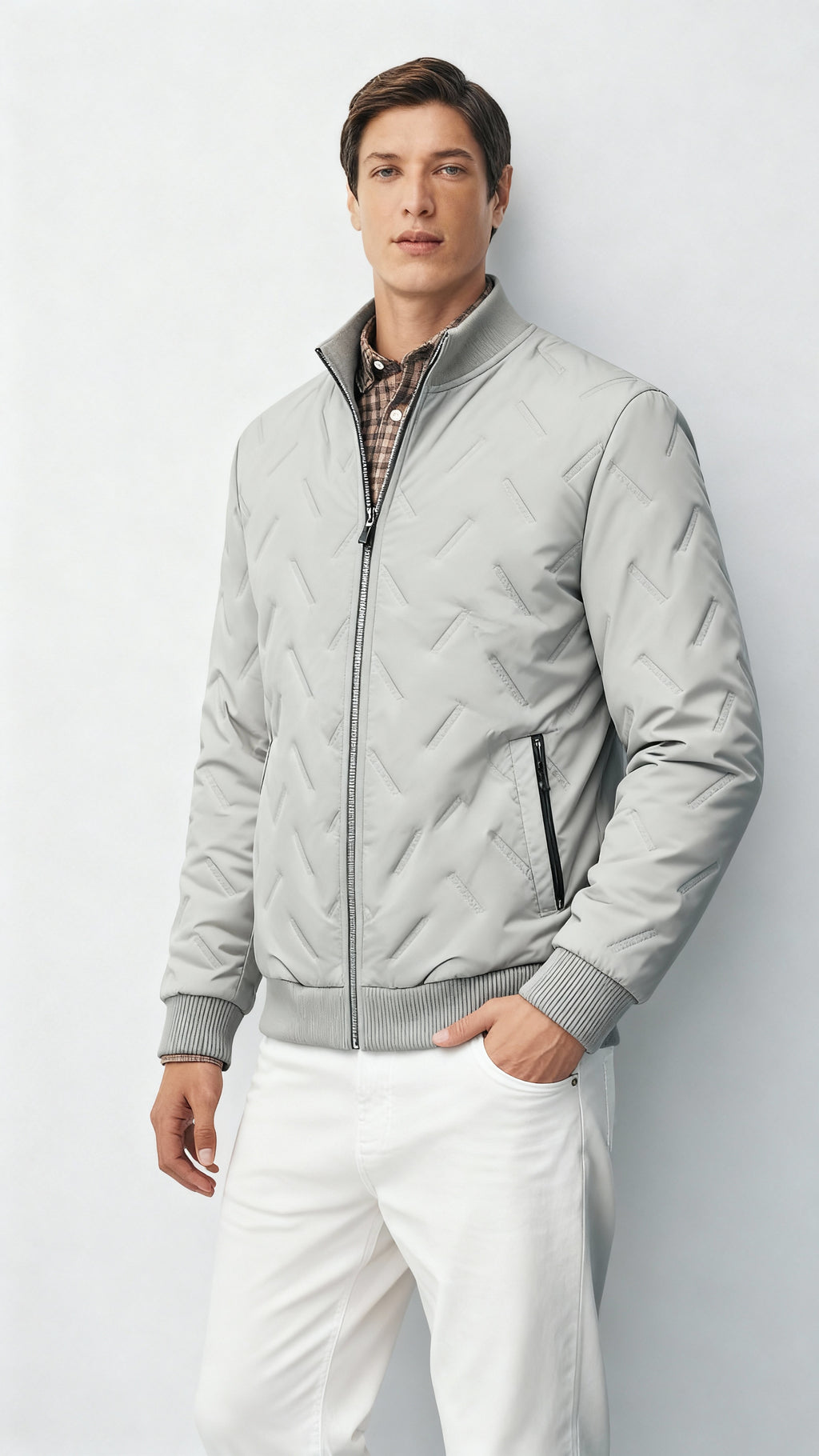 Veste bomber en tissu tissé pour homme avec col montant côtelé – Veste d'automne légère à la longueur des hanches