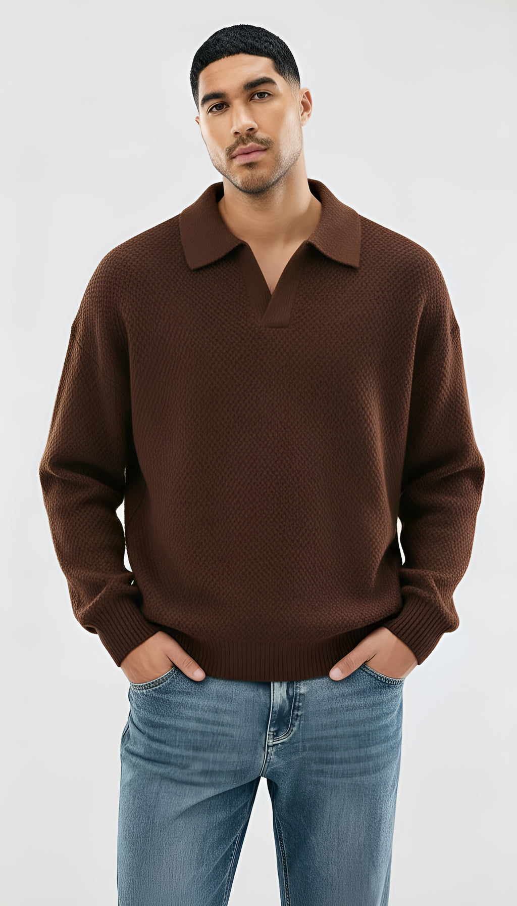 long sleeve knit polo shirt - Mens, loose fit