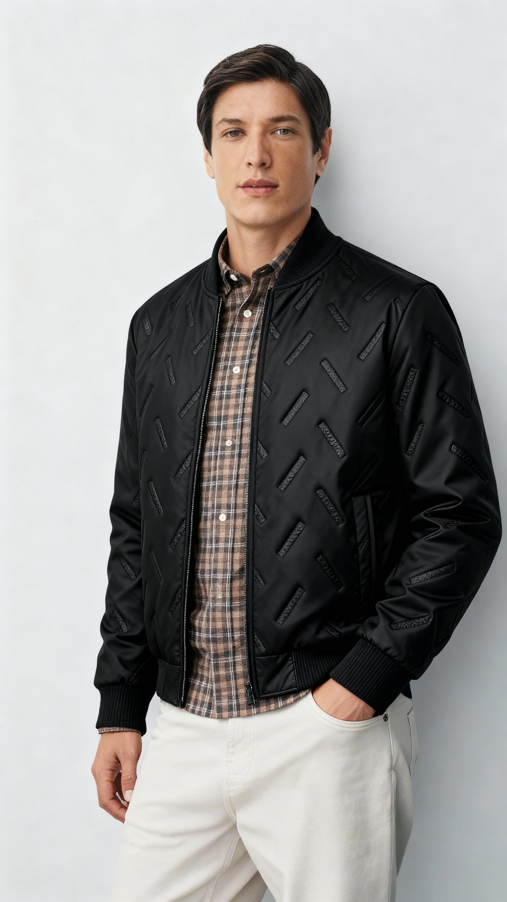 Veste bomber en tissu tissé pour homme avec col montant côtelé – Veste d'automne légère à la longueur des hanches