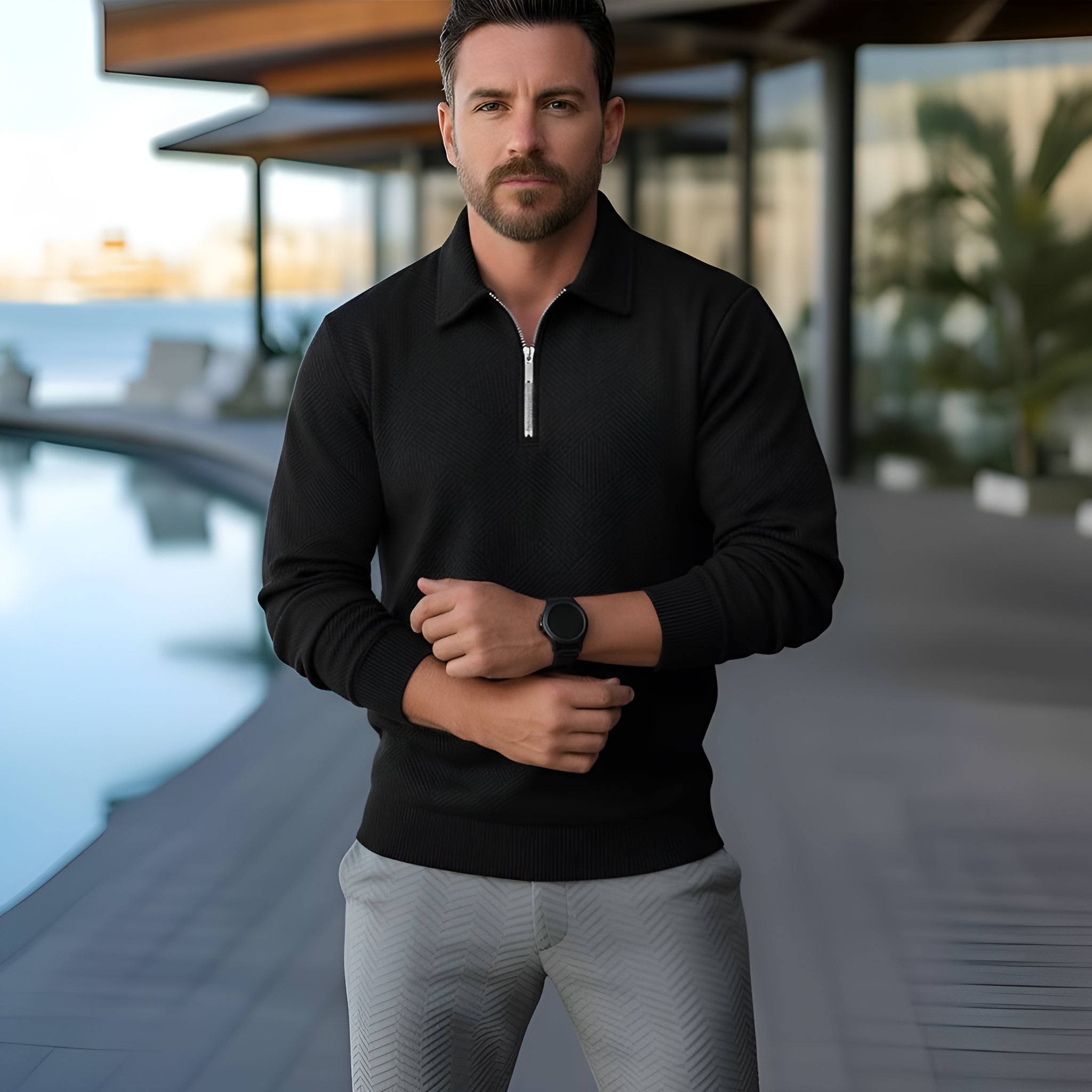 Polo de manga larga para hombre - Cuarto de cremallera con estampado texturizado y cuello estructurado