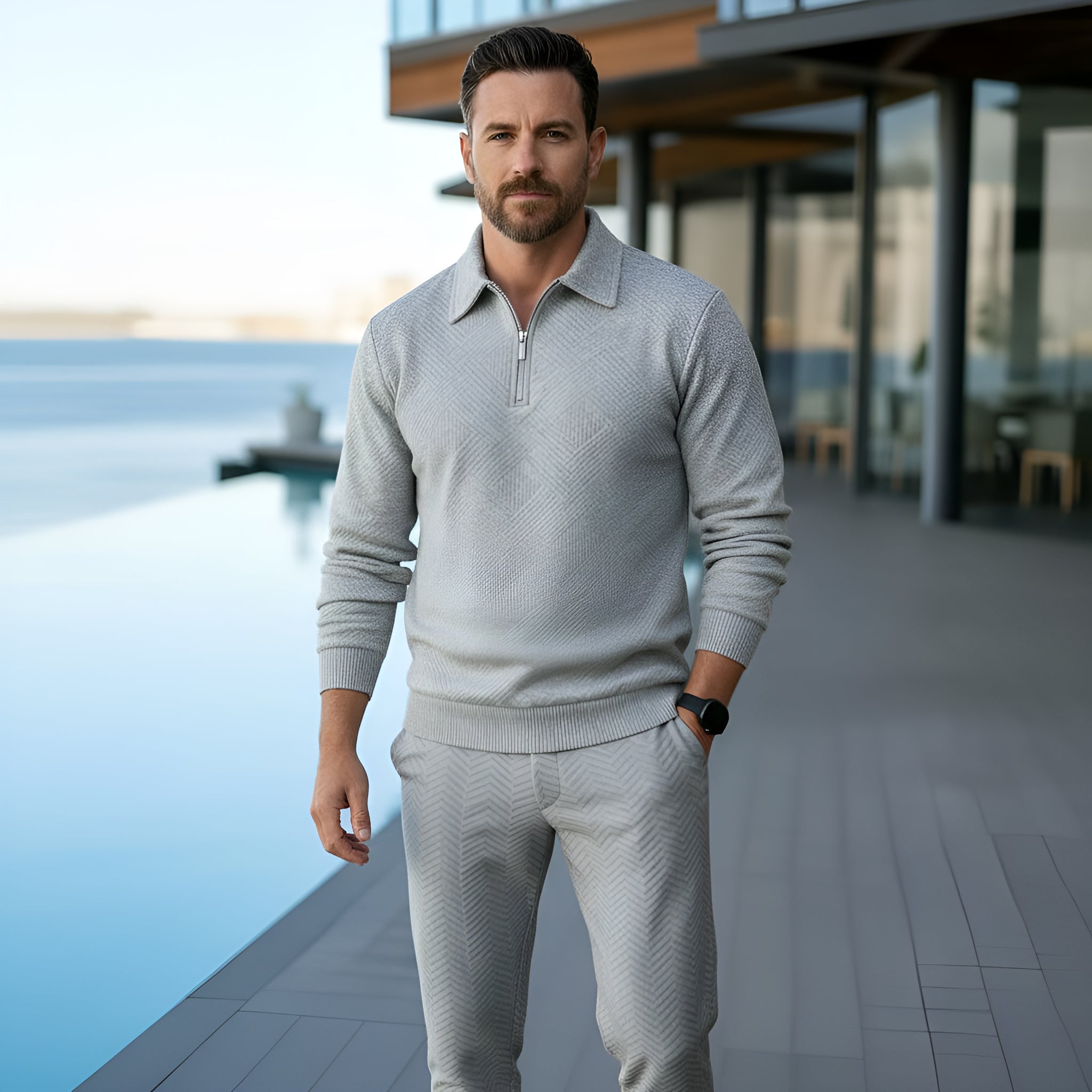 Polo de manga larga para hombre - Cuarto de cremallera con estampado texturizado y cuello estructurado