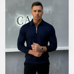 Herenpoloshirt met lange mouwen - Kwartiersluiting met structuurpatroon en gestructureerde kraag