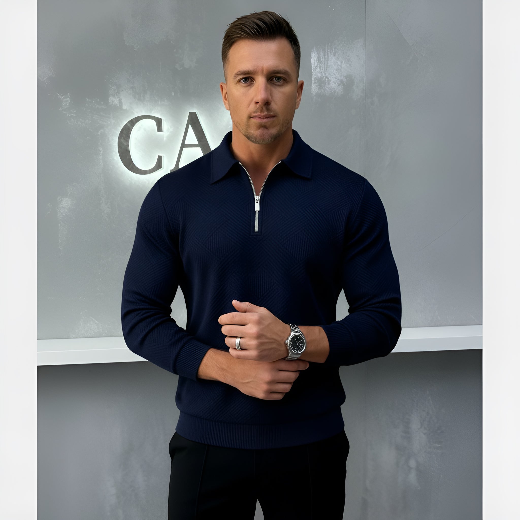 Polo de manga larga para hombre - Cuarto de cremallera con estampado texturizado y cuello estructurado