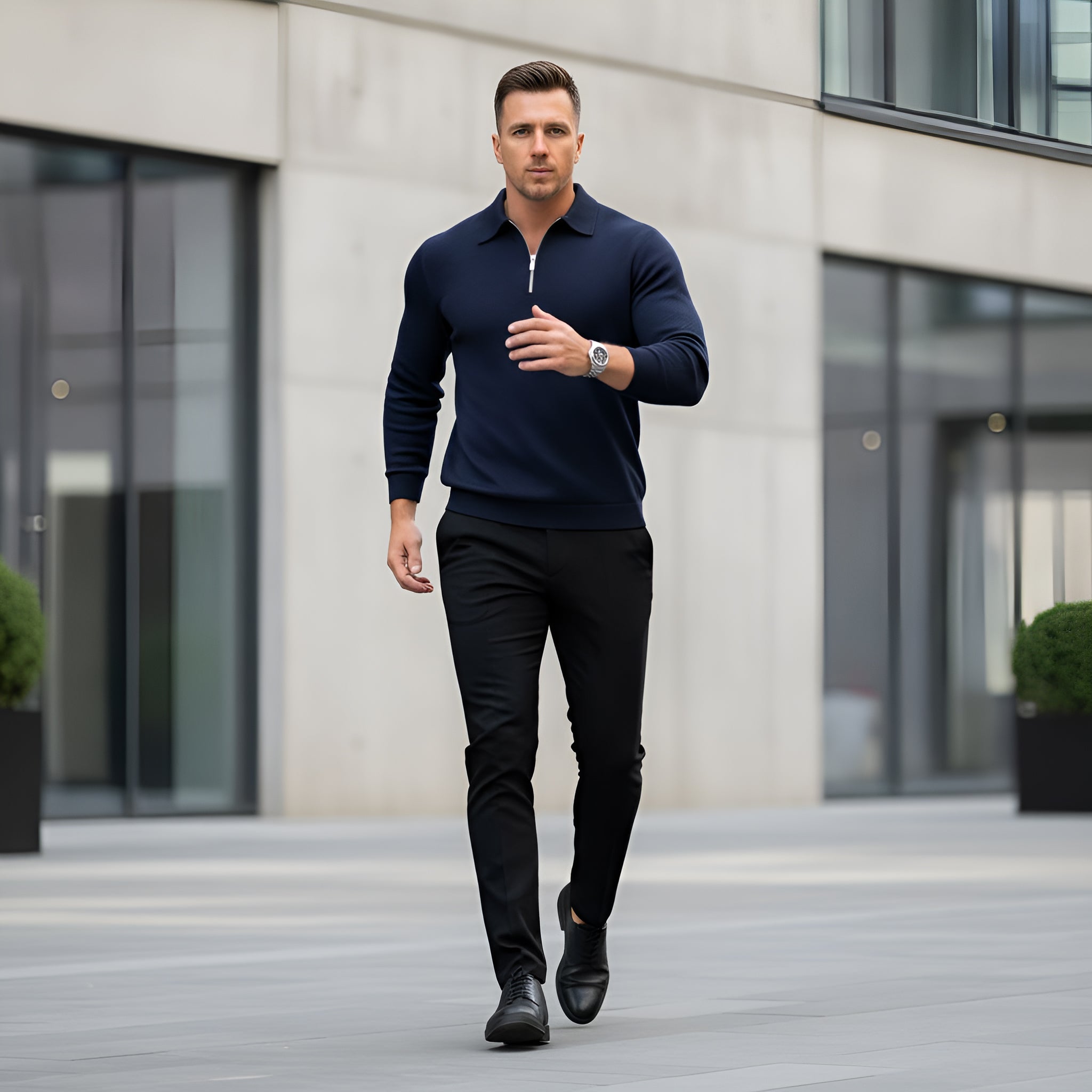 Polo de manga larga para hombre - Cuarto de cremallera con estampado texturizado y cuello estructurado