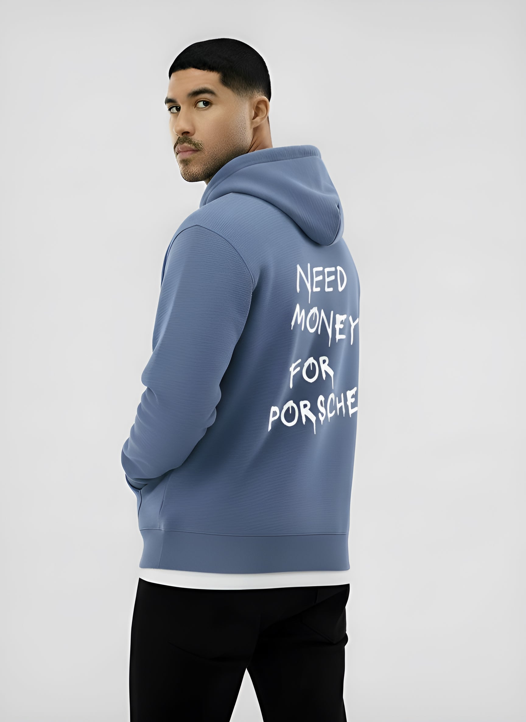 Sudadera con capucha para hombre - Impresión de eslogan "Need Money for Porsche", corte clásico con bolsillo canguro y capucha