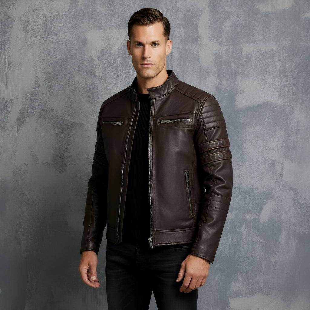 Men’s Biker Jacket – Stand Collar with Red Stripe Detail & Quilted Shoulders | Stylish Slim-Fit Motorcycle Jacket