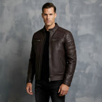 Men’s Biker Jacket – Stand Collar with Red Stripe Detail & Quilted Shoulders | Stylish Slim-Fit Motorcycle Jacket