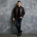 Men’s Biker Jacket – Stand Collar with Red Stripe Detail & Quilted Shoulders | Stylish Slim-Fit Motorcycle Jacket