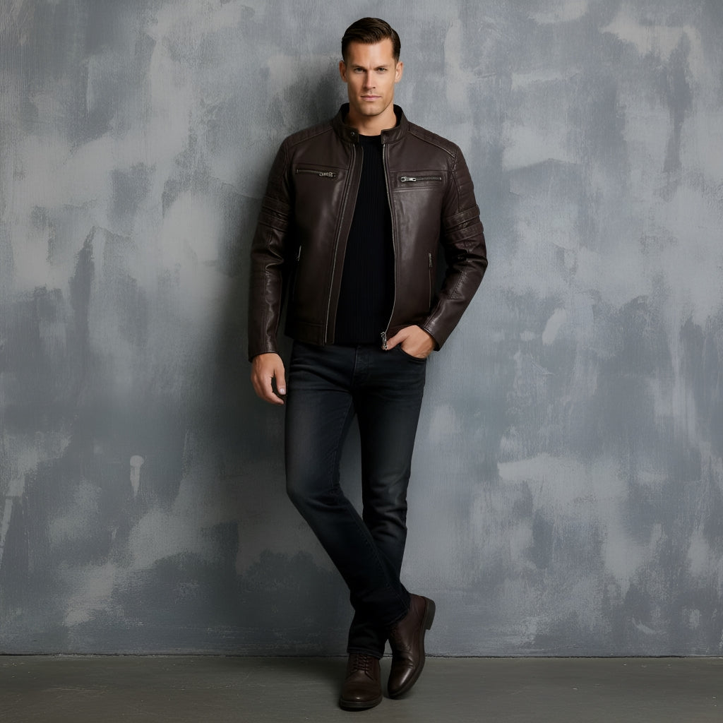 Men’s Biker Jacket – Stand Collar with Red Stripe Detail & Quilted Shoulders | Stylish Slim-Fit Motorcycle Jacket