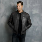 Men’s Biker Jacket – Stand Collar with Red Stripe Detail & Quilted Shoulders | Stylish Slim-Fit Motorcycle Jacket