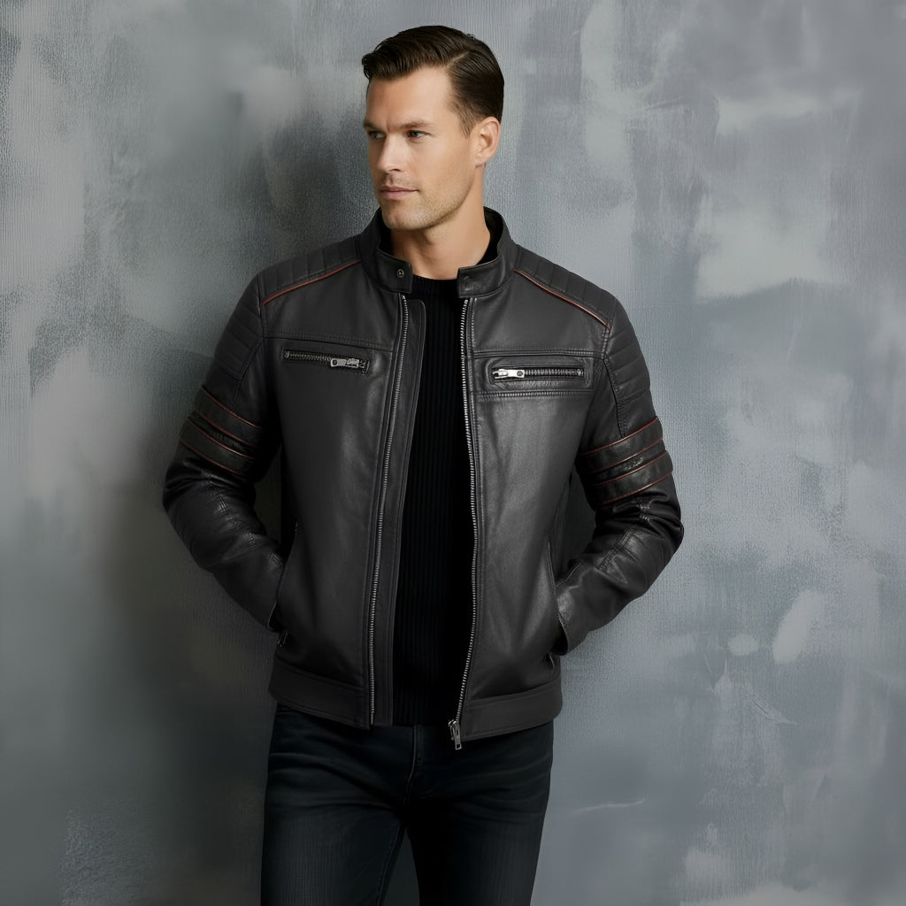Men’s Biker Jacket – Stand Collar with Red Stripe Detail & Quilted Shoulders | Stylish Slim-Fit Motorcycle Jacket