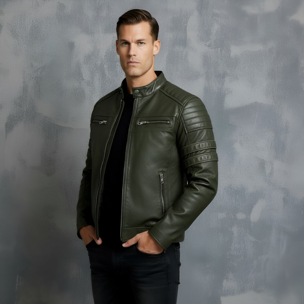 Men’s Biker Jacket – Stand Collar with Red Stripe Detail & Quilted Shoulders | Stylish Slim-Fit Motorcycle Jacket