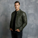 Men’s Biker Jacket – Stand Collar with Red Stripe Detail & Quilted Shoulders | Stylish Slim-Fit Motorcycle Jacket