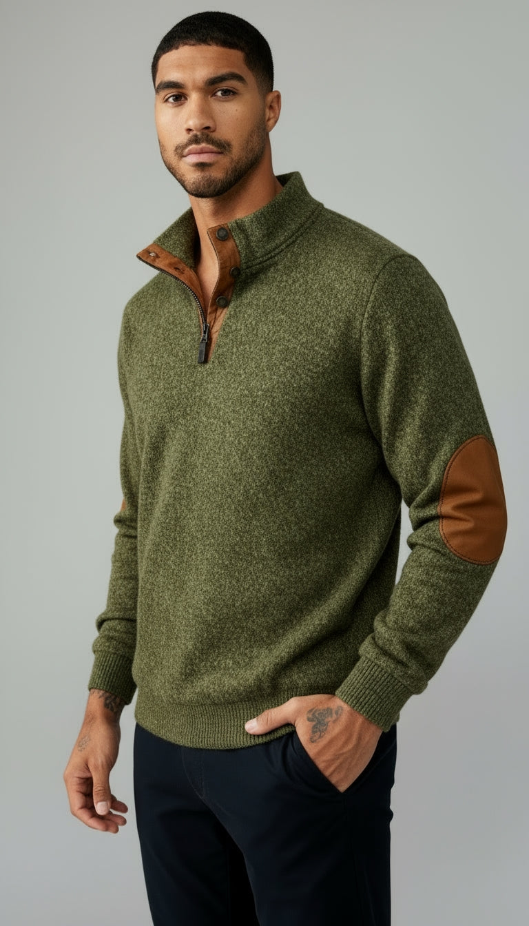 Maglia con collo a bottoni da uomo - Pullover con colletto e toppe sui gomiti