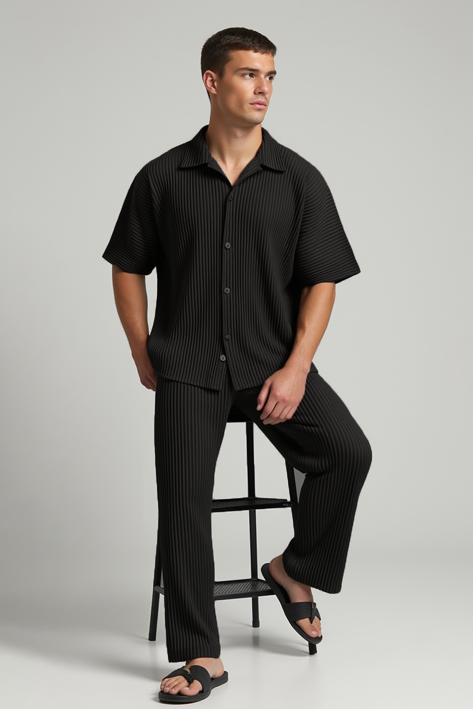 Chemise à plis - manches courtes - Noir