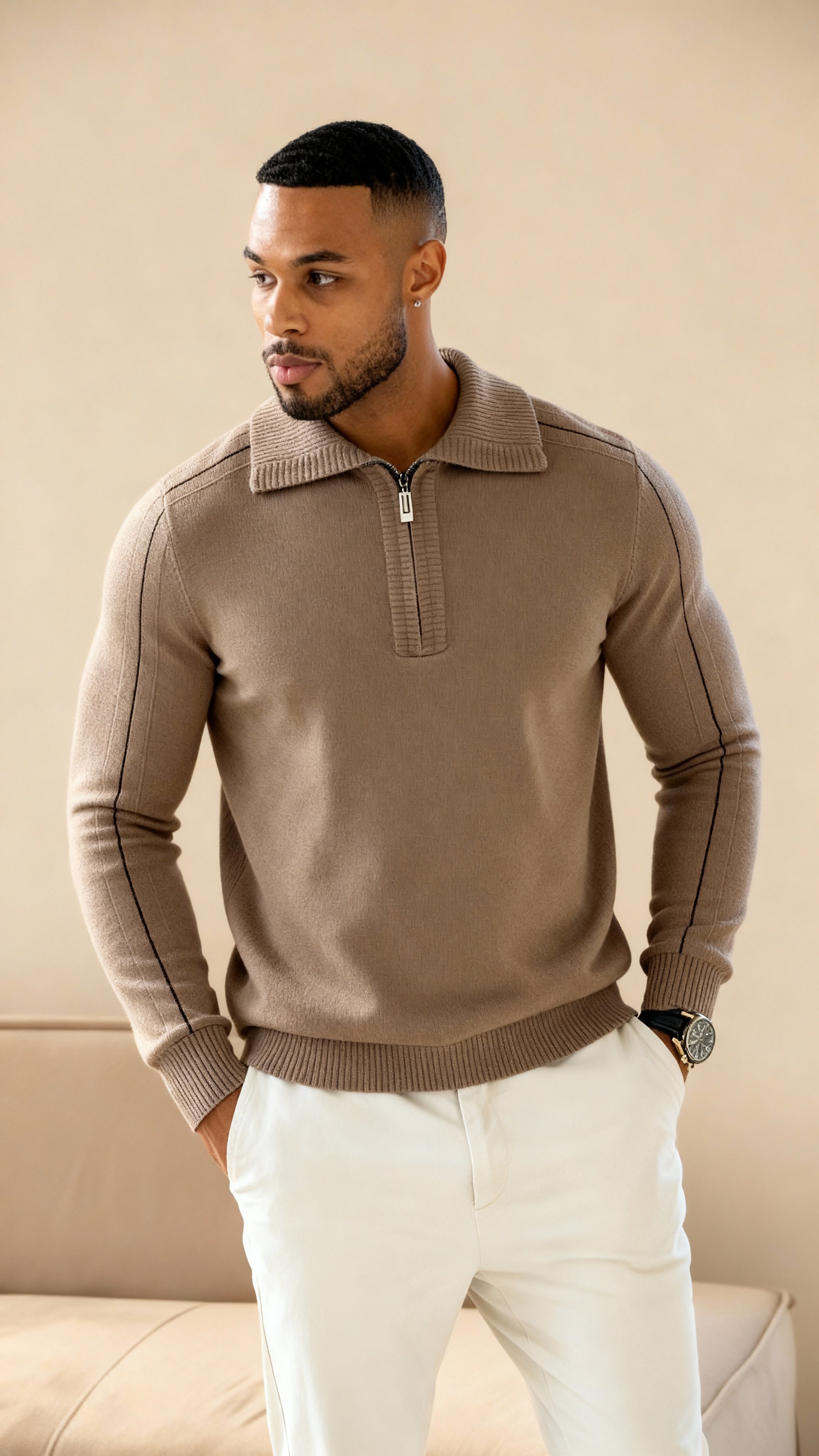 Elliot - Long sleeve knitted zip neck polo shirt