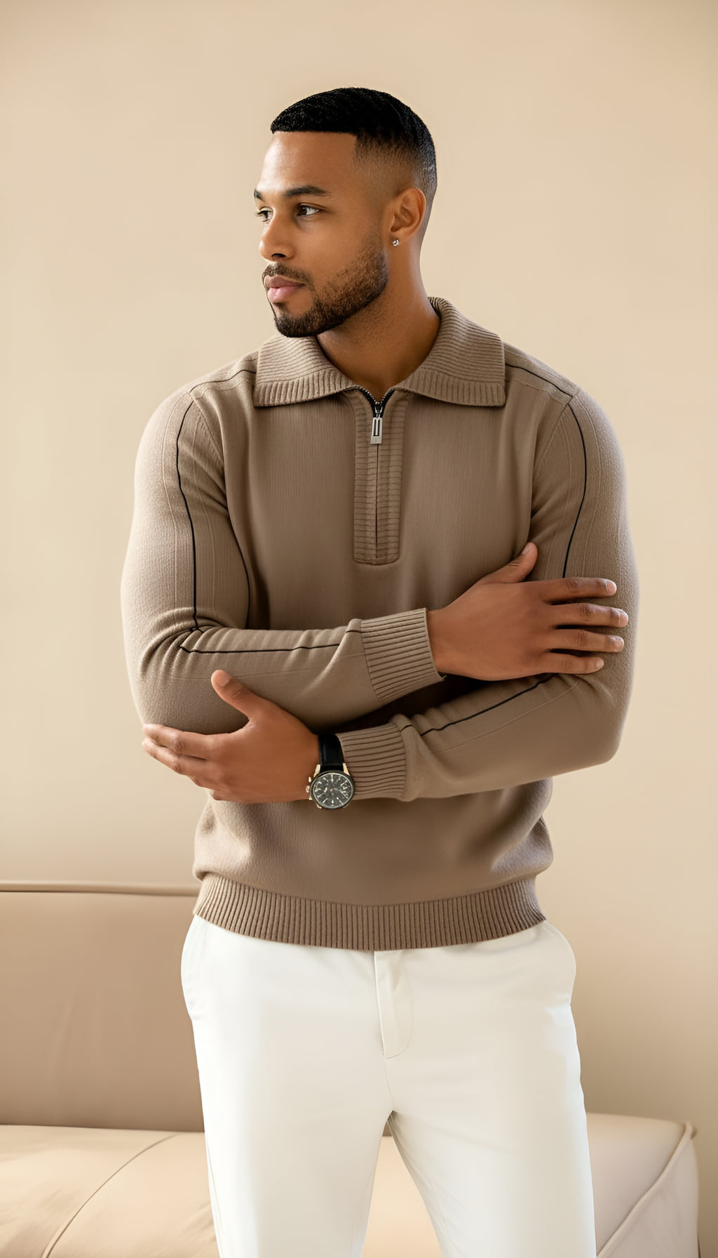 Elliot - Long sleeve knitted zip neck polo shirt
