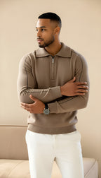 Elliot - Long sleeve knitted zip neck polo shirt