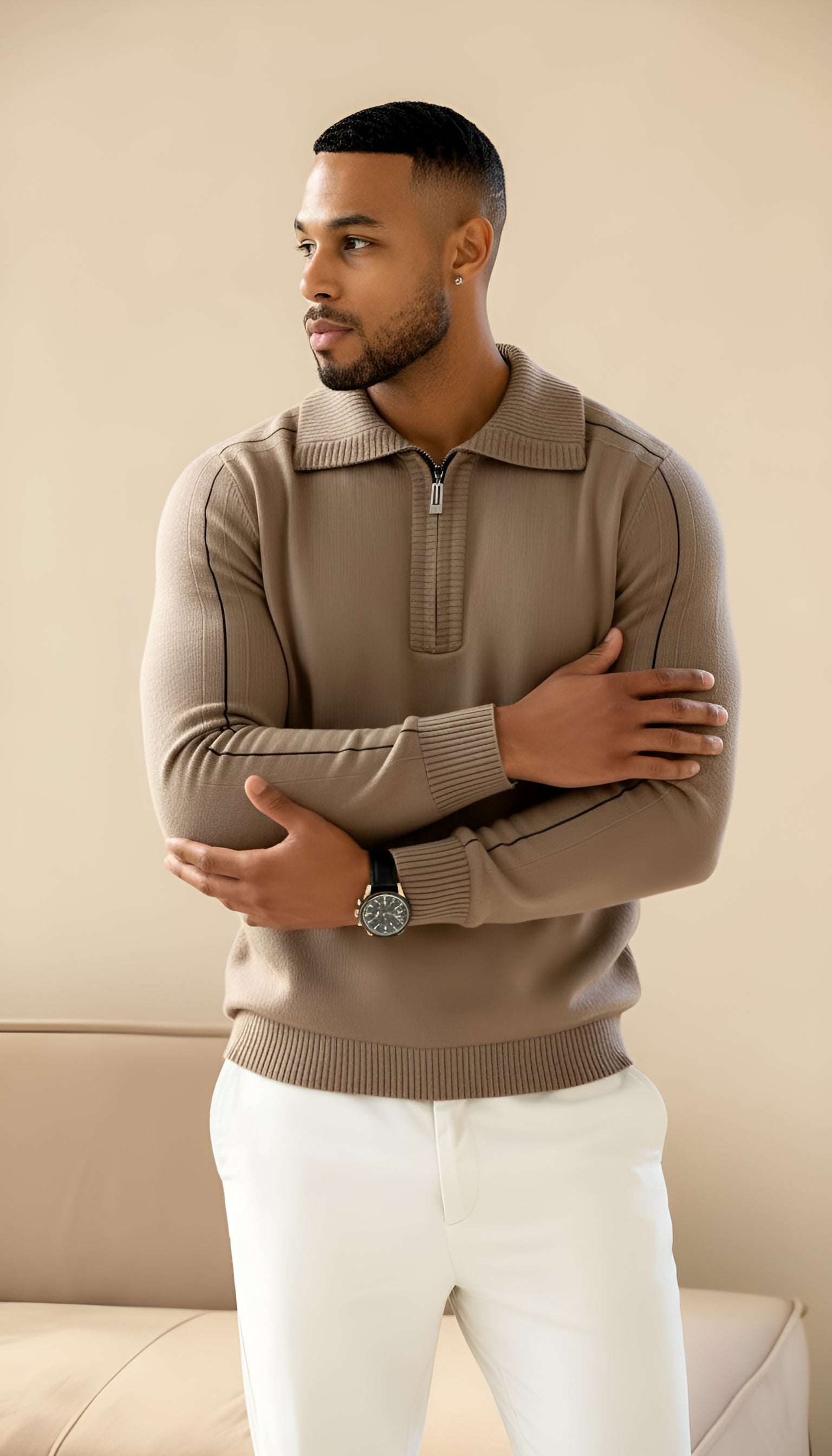 Elliot - Long sleeve knitted zip neck polo shirt