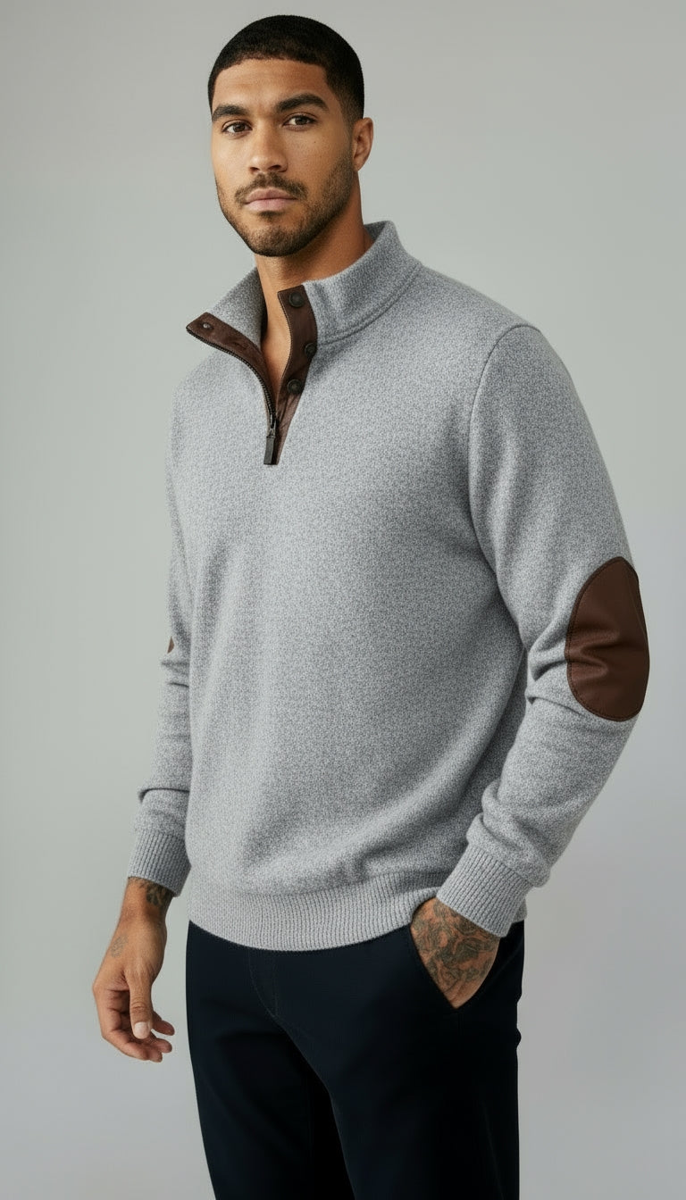 Maglia con collo a bottoni da uomo - Pullover con colletto e toppe sui gomiti