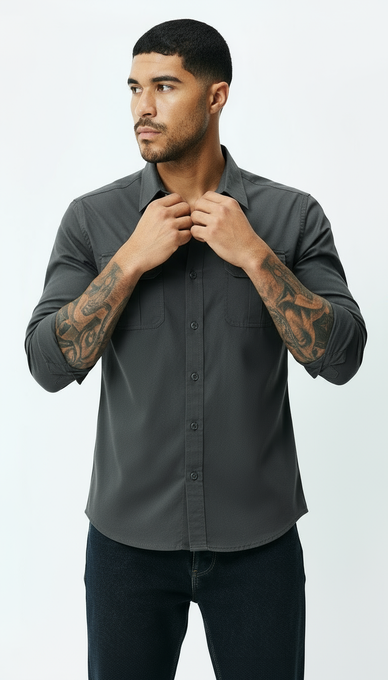 Utility Shirt voor heren - Klassieke kraag met knoopsluiting en zakken met kleppen | Textured Smart Casual Workwear