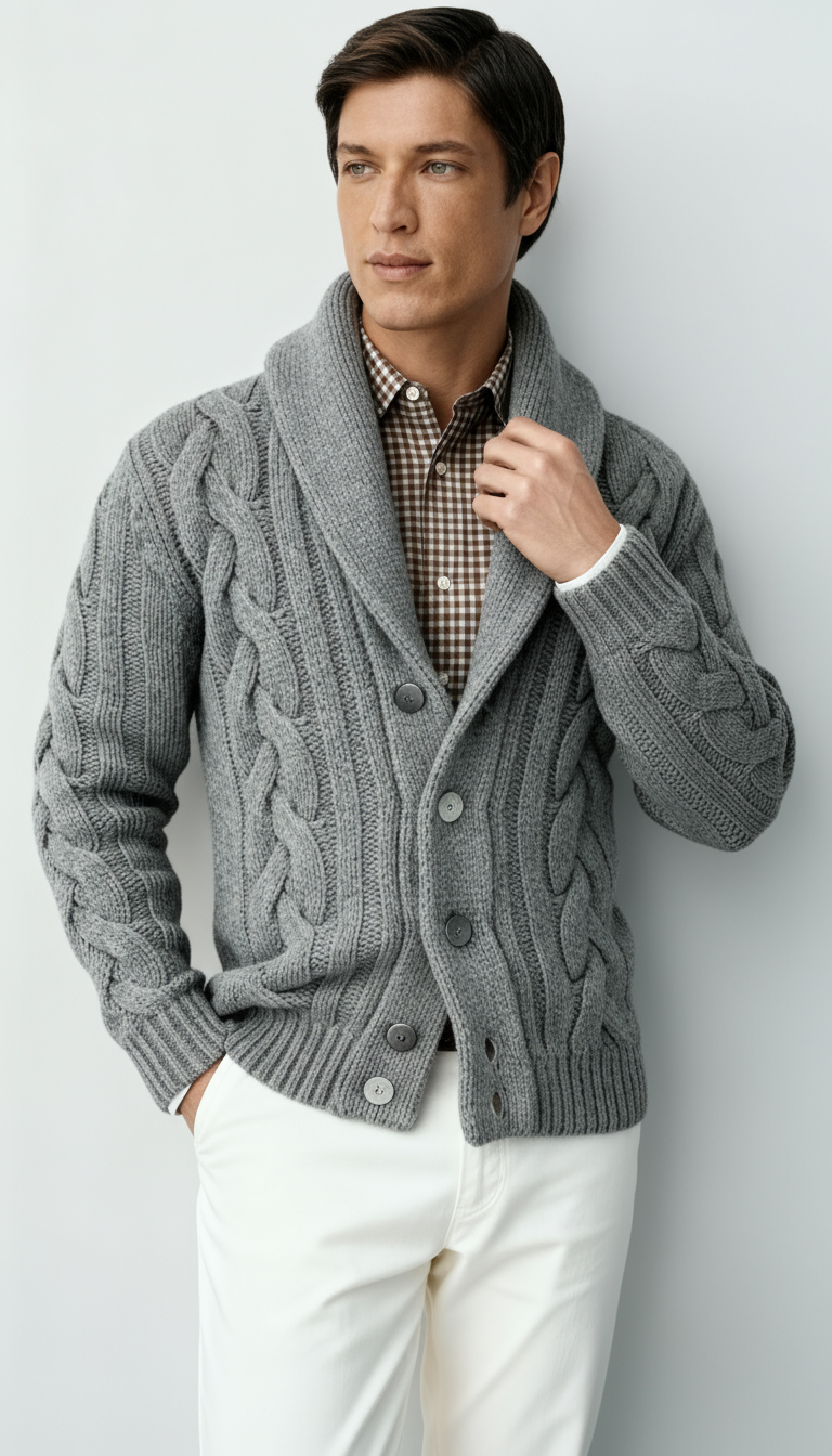 Heren wollen mix kabelgebreide cardigan – sjaalkraag vest met knopen