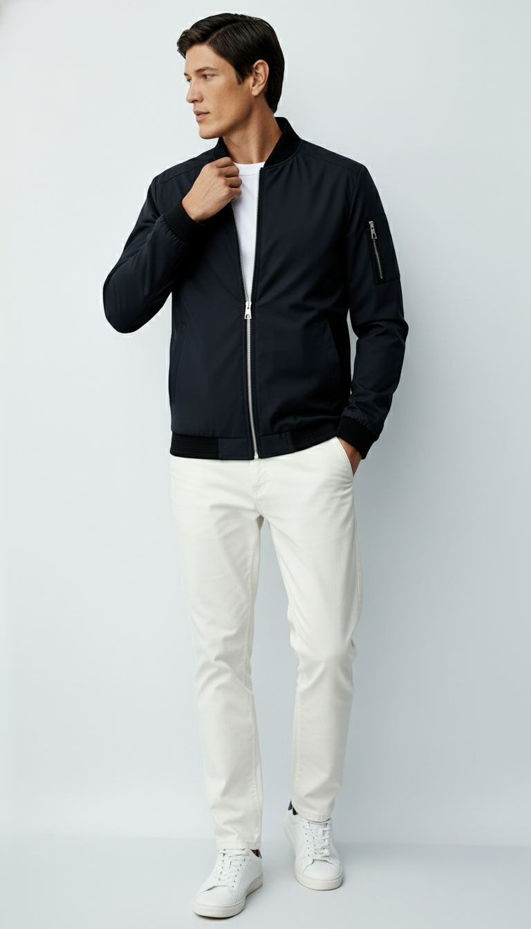 Chaqueta bomber con cremallera completa para hombre con ribete acanalado y bolsillo en la manga