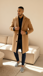 Heren op maat gemaakte jas met wolgevoel – Enkelsluitend mid-lange overjas met inkeping revers