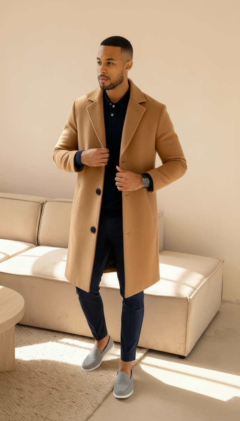 Heren op maat gemaakte jas met wolgevoel – Enkelsluitend mid-lange overjas met inkeping revers