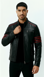 Men’s Black Leather Jacket – Wolverine-Inspired Biker Outerwear with Red Stripe Accents