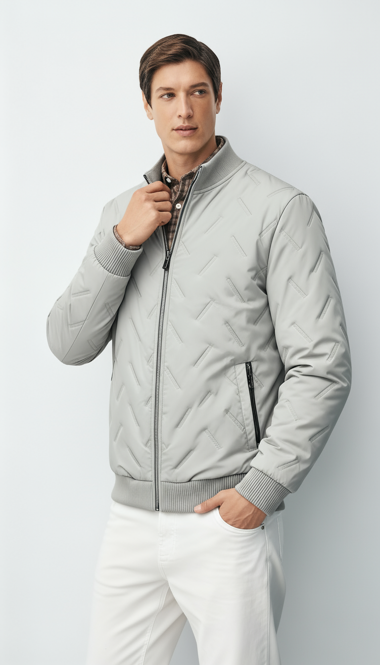 Veste bomber en tissu tissé pour homme avec col montant côtelé – Veste d'automne légère à la longueur des hanches