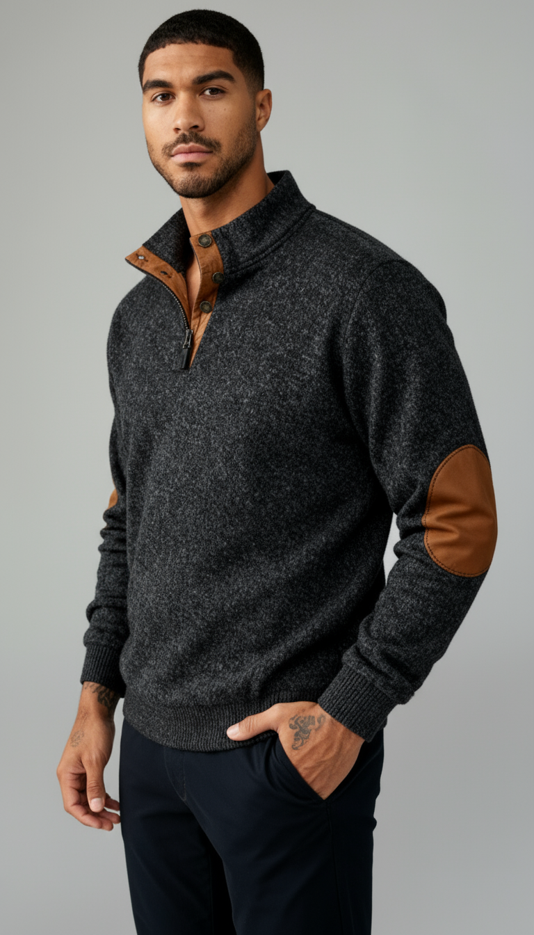 Maglia con collo a bottoni da uomo - Pullover con colletto e toppe sui gomiti