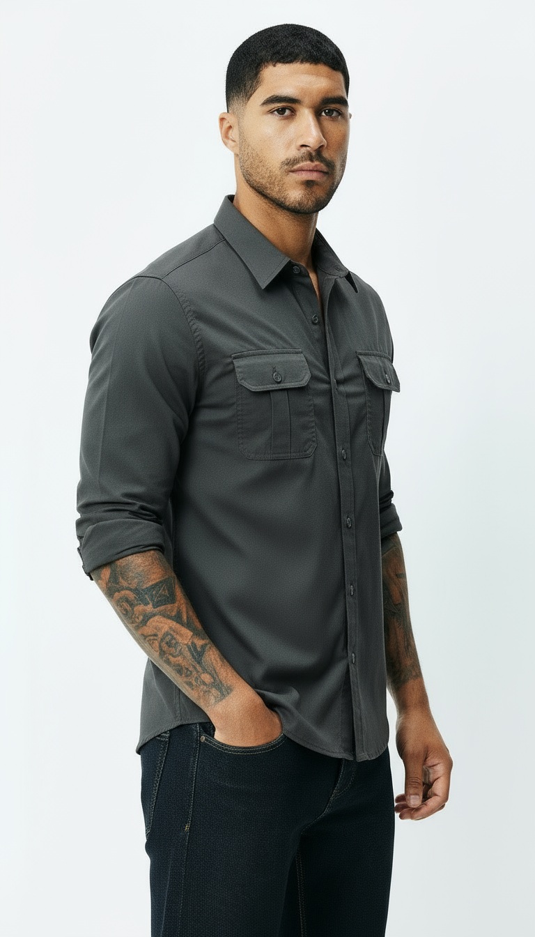 Utility-Hemd für Herren - Klassischer Kragen, aufknöpfbar mit Klappentaschen | Texturierte, lässige Arbeitskleidung