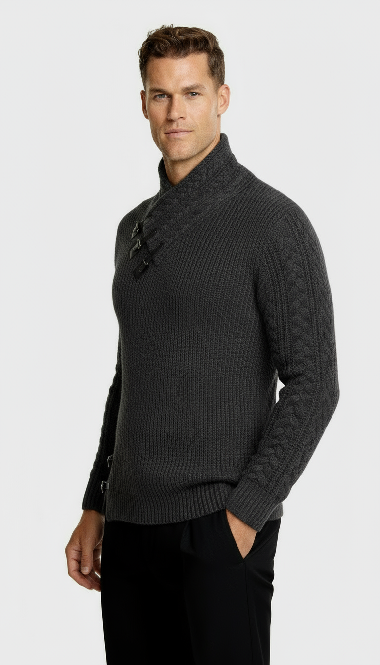Men’s Funnel Collar Jumper with Toggle Details – Textured Knit Sweater for Smart-Casual Style