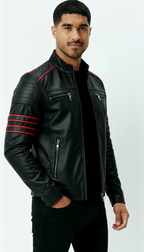 Men’s Black Leather Jacket – Wolverine-Inspired Biker Outerwear with Red Stripe Accents