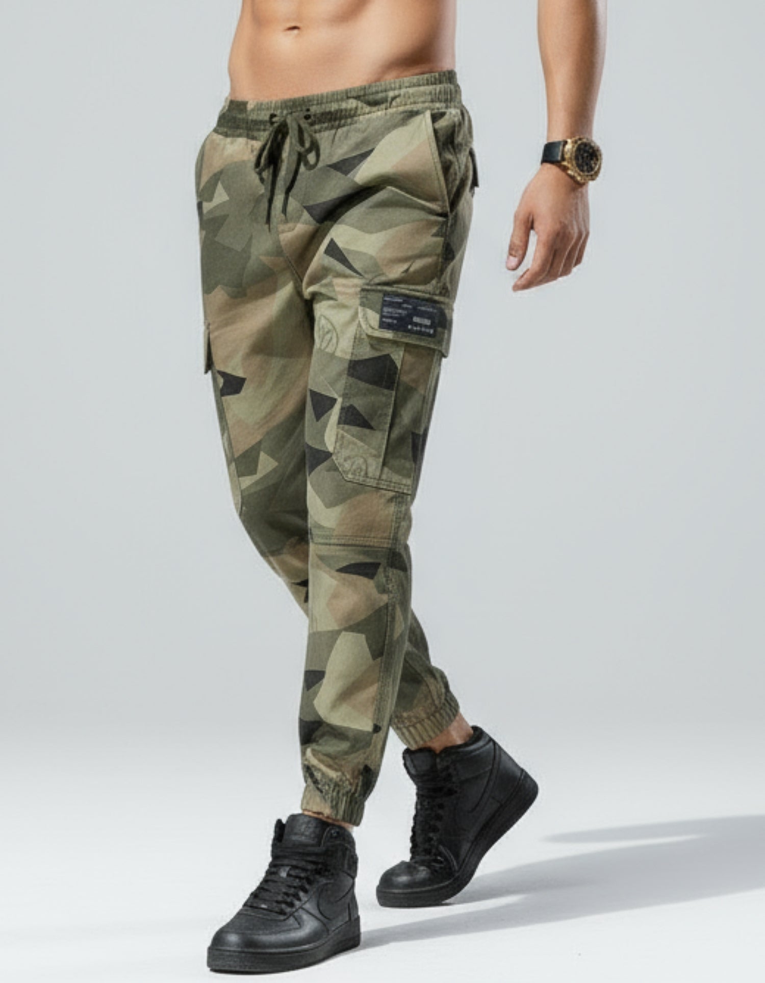 Men’s Camouflage Cargo Trousers – Drawstring Waist & Elastic Cuff Combat Pants