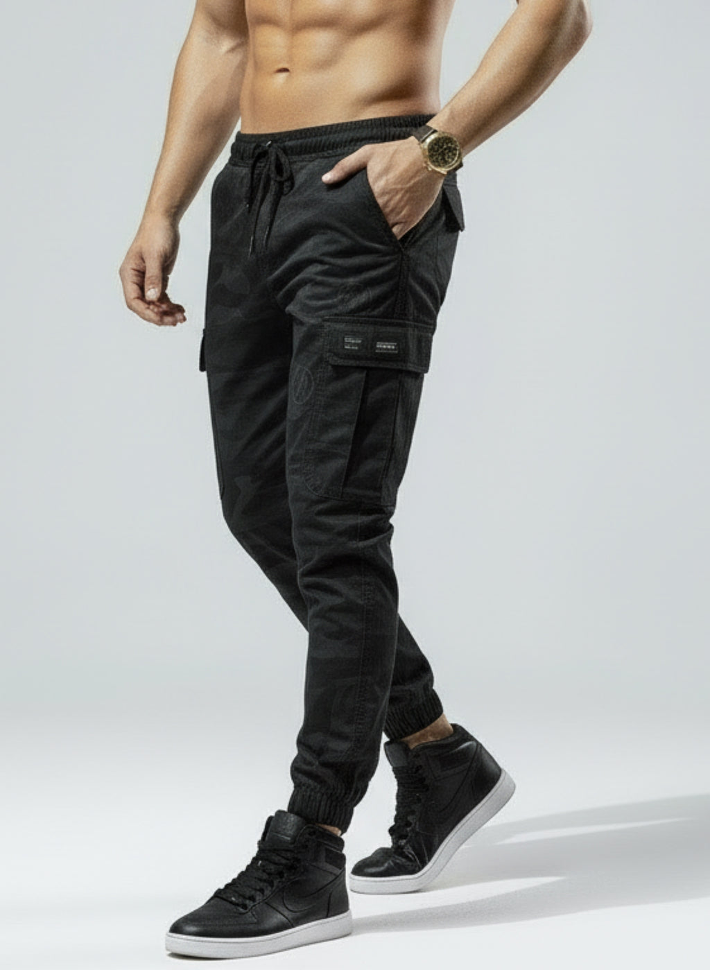 Men’s Camouflage Cargo Trousers – Drawstring Waist & Elastic Cuff Combat Pants