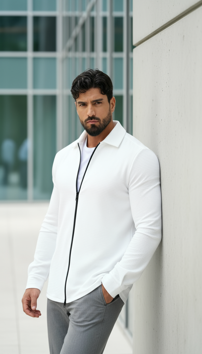 Chemise tissée texturée à manches longues pour homme – Chemise décontractée à fermeture éclair devant coupe régulière