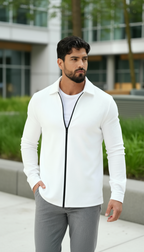 Chemise tissée texturée à manches longues pour homme – Chemise décontractée à fermeture éclair devant coupe régulière
