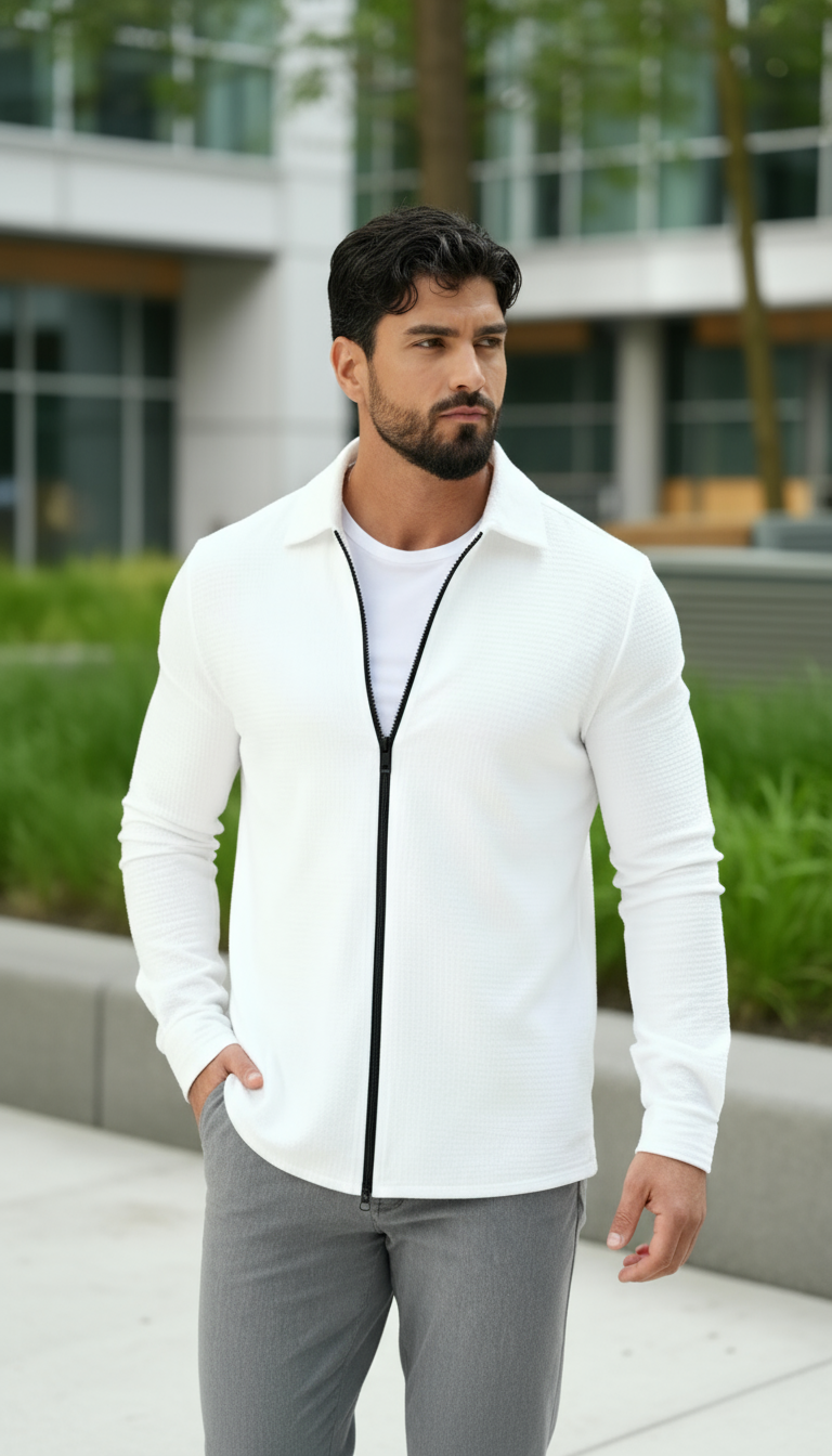Camisa tejida texturizada de manga larga para hombre – Camisa casual de ajuste regular con cremallera frontal