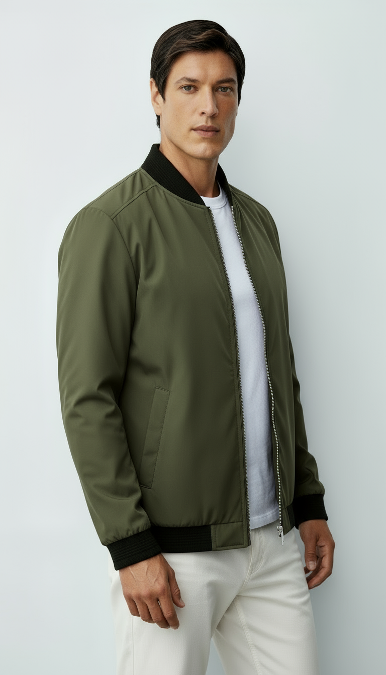 Chaqueta bomber con cremallera completa para hombre con ribete acanalado y bolsillo en la manga