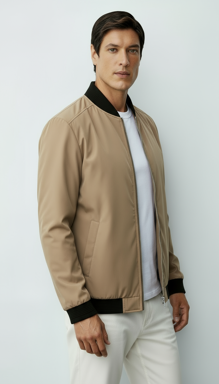 Chaqueta bomber con cremallera completa para hombre con ribete acanalado y bolsillo en la manga
