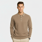 Men’s Wool Blend Polo Collar Sweater – Regular Fit Knit Pullover with Ribbed Edges & Three-Button Placket