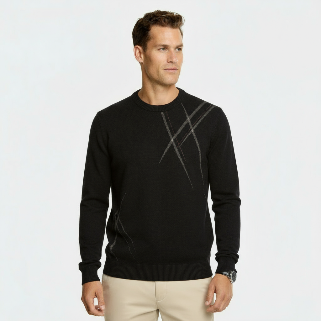Men’s Slim Fit Wool Blend Sweater - Abstract Pattern Knit Pullover with Ribbed Edges
