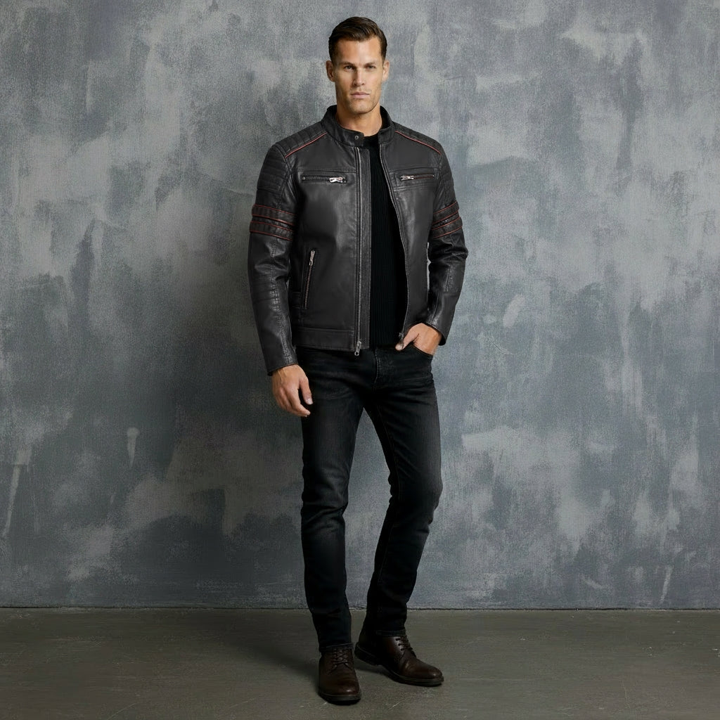 Men’s Biker Jacket – Stand Collar with Red Stripe Detail & Quilted Shoulders | Stylish Slim-Fit Motorcycle Jacket