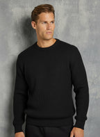 Men’s Black Ribbed Jumper – Crew Neck Knit Sweater with Relaxed Fit